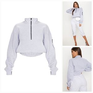 PRETTY LITTLE THING - GREY OVERSIZED FRONT ZIP SWEATER, SIZE S